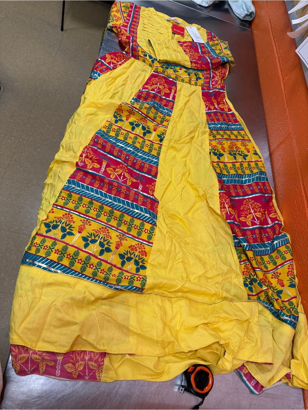 Jenifry Indian Ethnic Kurta Dress Yellow Pink Floral Print Boho Midi Size M 38